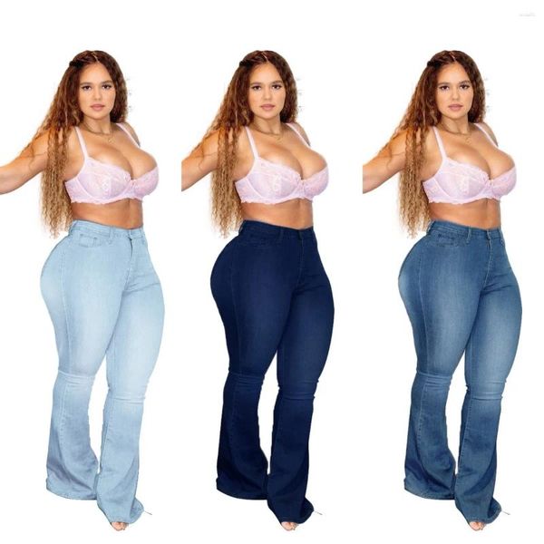 Женские джинсы XL-5XL с высокой талией больших размеров, модные узкие эластичные джинсовые расклешенные брюки, повседневные женские большие брюки