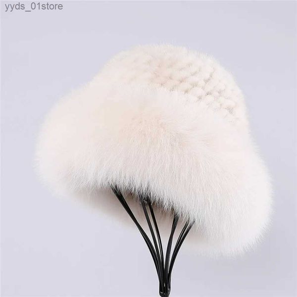 Breite Krempe Hüte Eimer Hüte SUPPEV STTDIO Luxuriöse Damen Winter Warm % Nerz Pelz Gestrickte Eimer Hut Fuchs Pelz Trim Cs Top Beanies Hüte L240308