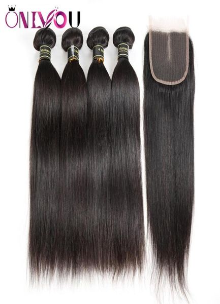 Pacotes de cabelo humano reto de seda com 4x4 Parte do meio Lave Encerramento barato brasileiro peruano cru indiano virgem extensão de cabelo weave3615074