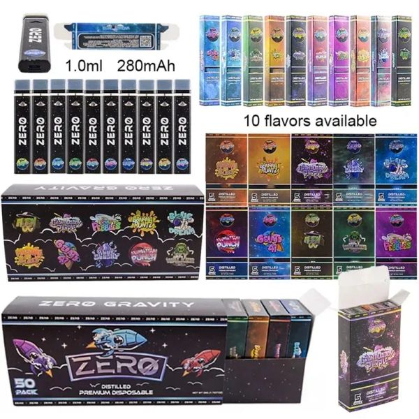 Vapes vazios descartáveis de gravidade zero recarregável 280mah 1.0ml vaporizador 10 cepas 1000pcs