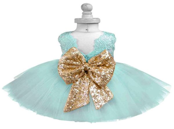 Baby Frock Designs Abito da battesimo in pizzo Fiocco dorato Neonata 1 anno Primo compleanno Vestito Bambino Infantile Vestito da festa Bambini Vestido K3303329