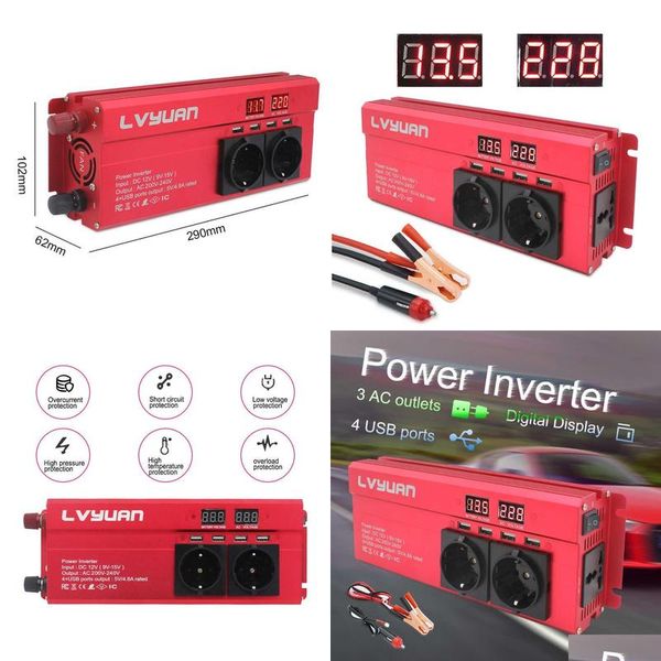 Transformador Inversor 2000W Carro Power Inverter Transformador 12 V 220 UE Plug 3AC Outlets 4 Usb Conversor Solar Inversor para Drop Deliv Dhwxf