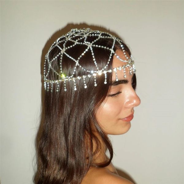 Böhmen Kristall Quaste Kopf Kette Flapper Cap Kopfbedeckung Hochzeit Zubehör Für Frauen Strass Haar Kette Kopfschmuck Schmuck 240305