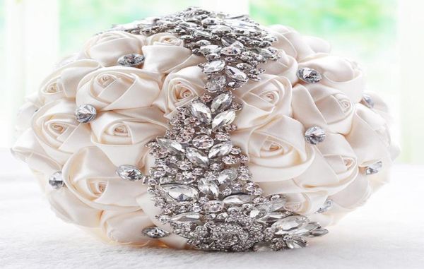 Buquê de casamento de cetim com rosas, decoração de casamento, cristais, flor artificial, dama de honra, broche de mão flo8503092