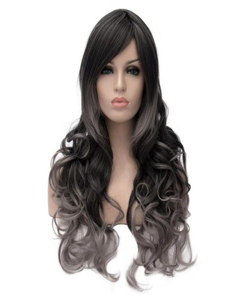WoodFestival grau-schwarze Ombre-Perücke, gewellt, hitzebeständig, Kunstfaser-Perücken, hochwertige, lange, lockige Haare, natürliche Damen 1091536