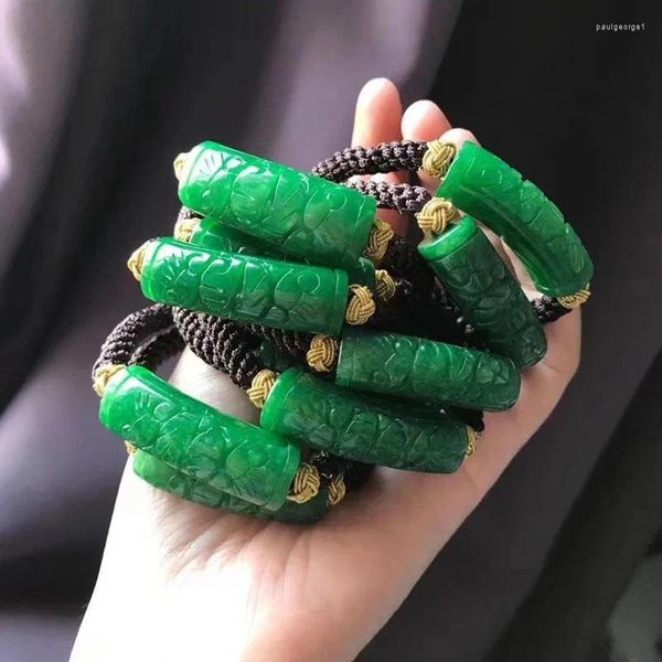 Strang 10 Stück geschnitztes, getrocknetes grünes handgewebtes Jade-Armband für Damen im Großhandel