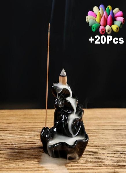 Lucky lotus cachoeira queimador de cerâmica suporte de incenso feito à mão artesanato de cerâmica decoração de escritório em casa com 20 cones gift6755958