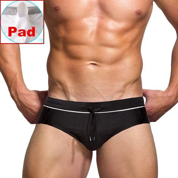 Swimwear Men Sexy Low Rise Swim Briefs Stripe Bikini Push Up Pad Pad Tise Bathing Mesh Mesh Cordão Male Praia Praia Surf shorts