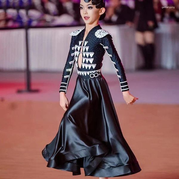 Bühnenkleidung Ballsaal Tanzwettbewerb Kleid für Mädchen Strass Fransen Schwarz Latin Performance Outfit BL10211