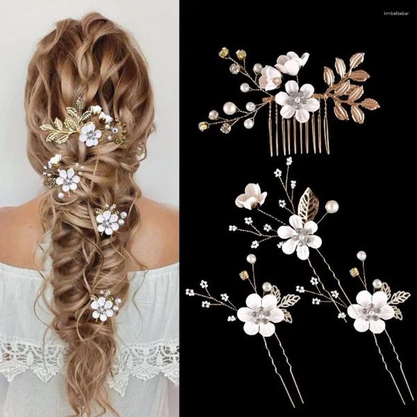 Grampos de cabelo usam grampos de cabelo elegante falso pérola flor pente lateral conjunto para casamento noiva folha dourada em forma de liga tiaras