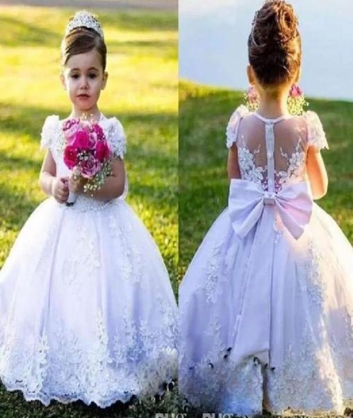 2022 Ülke Çiçek Kız Elbiseler Yay Beyaz Beyaz Fildişi Balyoyu Jewel Cap Sleves Zemin Uzunluğu Kızlar Pageant Elbise Dantel Uygulama ile 9275880