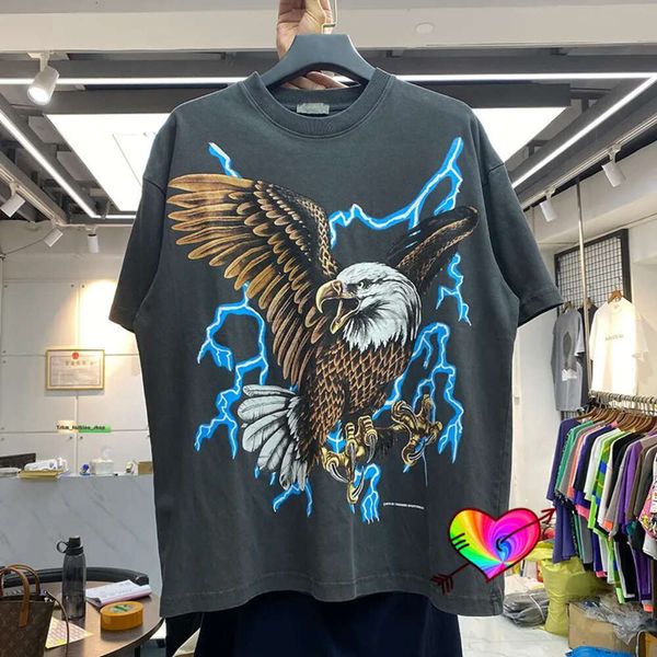 T-shirt da uomo T-shirt oversize Uomo Donna Fulmine di alta qualità Grafica Rhude Eagle Tee Vintage Top Manica corta Collare Tag 438