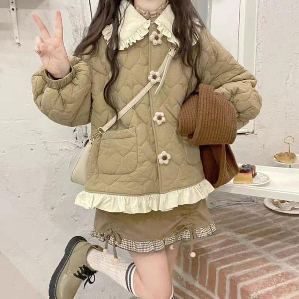 Trench da donna stile coreano carino sciolto caldo giacca invernale da donna chic volant collo dolce parka soprabito giapponese harajuku Kawai imbottito