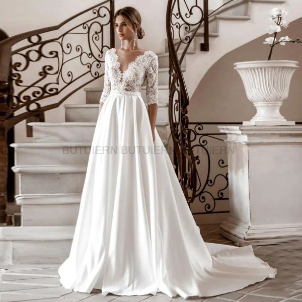 Abiti abiti da sposa in pizzo elegante a maniche lunghe vneck satina aline 2020 vestido de nolia abito da sposa autunno nuovo vintage semplice