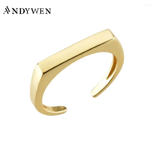 Cluster-Ringe Andywen 925 Sterling Silber Gold Square Plain Resizable Ring Frauen Luxus Schmuck 2024 Party Mode Fein