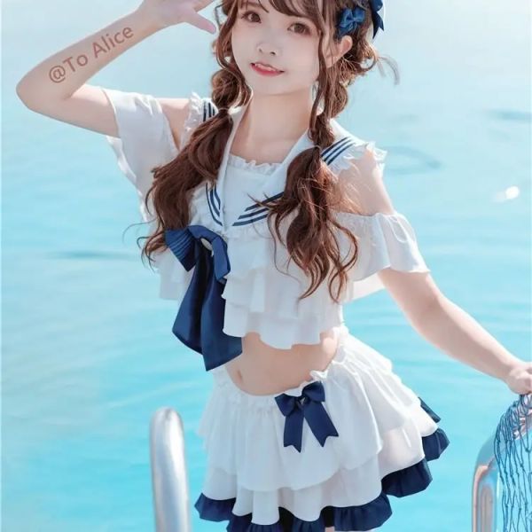 Swimwear Japan Anime Girl Kawaii Cosplay Costume Student Student Sukumizu Bow Aberto de colarinho de colarinho Bodysuits feminino