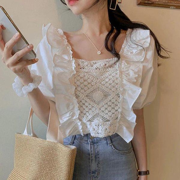 Frauen Blusen Süße Häkeln Puff Sleeve Shirt 2024 Sommer Square Neck Spitze Bluse Kleidung Elegante Kurze Solide Tops Blusas 27104