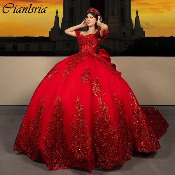 Vermelho fora do ombro lantejoulas apliques rendas vestido de baile quinceanera vestidos pérolas miçangas arco espartilho vestidos de 15 anos