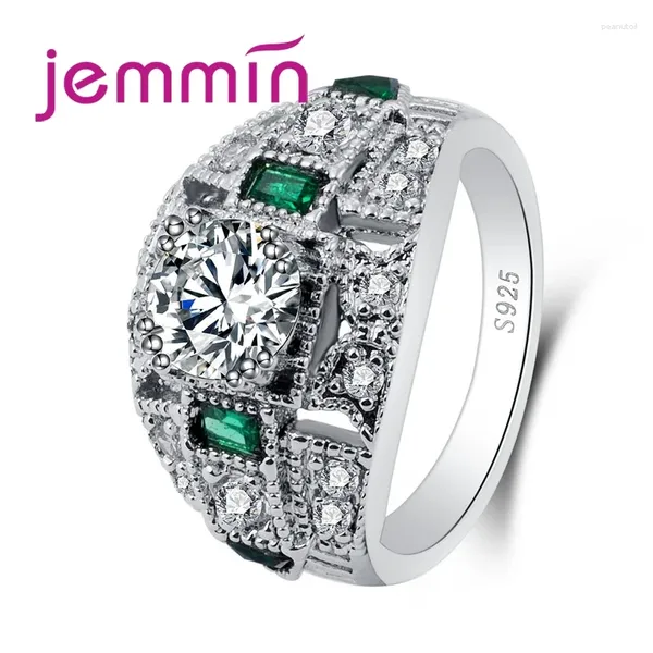 Anéis de cluster claro redondo pequeno verde zircônia cúbica grande brilhante strass moda 925 prata esterlina para mulheres noivado