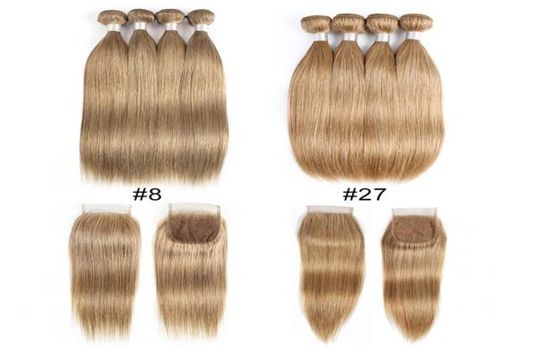 Cinza loira cor 8 27 pacotes de cabelo humano reto indiano malaio com fechamento 4 pacotes com fechamento de renda 4x4 remy cabelo humano 7742325