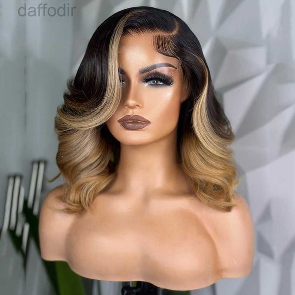 Синтетические парики Ombre Blonde Короткие волнистые парики из натуральных волос для женщин Бразильский парик фронта шнурка Боб Бесклеевой хайлайтер Синтетический парик фронтальной части шнурка 240308