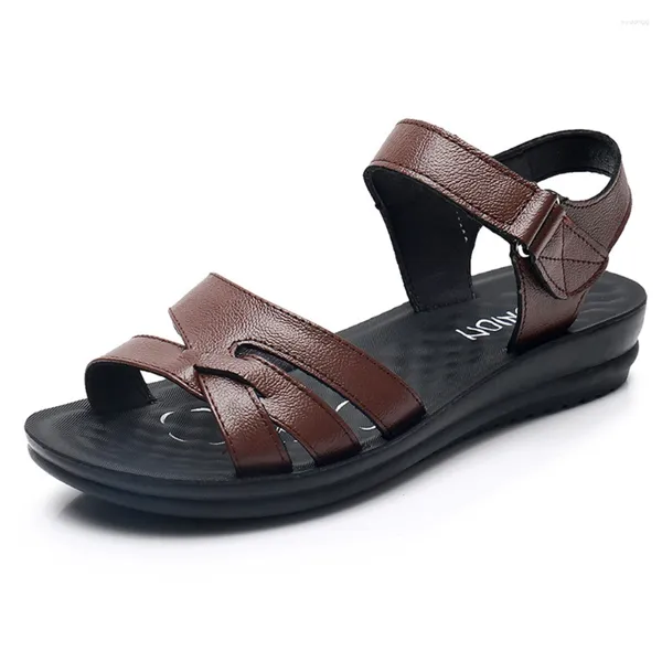 Sandali Piatti Estivi da Donna Madre Scarpe Casual in Vera Pelle Fondo Spesso Punta Aperta Slip On Beach Ks808