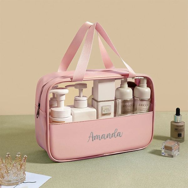 Borsa per cosmetici con cuciture ricamate personalizzate PVC traslucido di grande capacità Bagno in PU impermeabile Custodia da viaggio portatile 240227