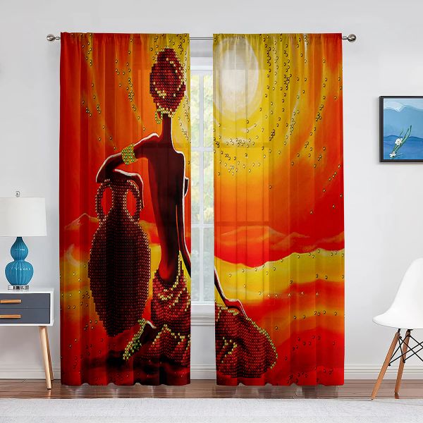 Kleider, afrikanische Frauen, Rückansicht, Fenster, Tüllvorhänge, Afro-Lady, Boho-Thema, durchsichtiger Voile-Vorhang für Wohnzimmer, Schlafzimmer, moderne Dekoration