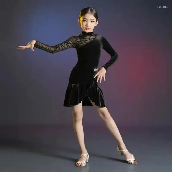 Bühnenkleidung 2024 Kinder Latin Dance Kleid Rock Mädchen Frauen Kostüm Herbst und Winter Einfarbig Langarm Wettbewerb Übungsanzug