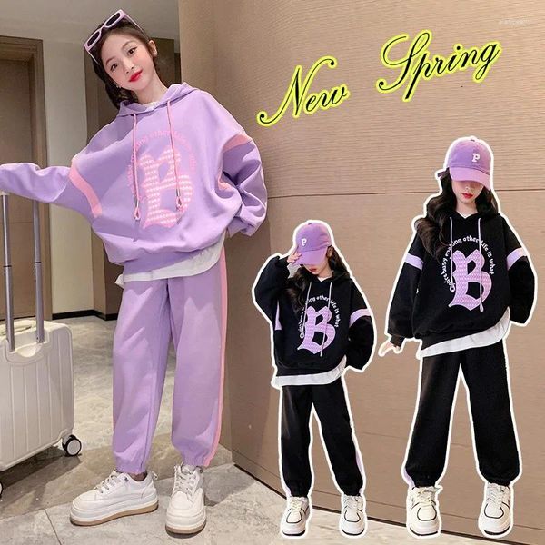 Conjuntos de roupas primavera outono meninas doce contraste alfabeto com capuz moletom sweatpant conjunto escola crianças treino criança jogging outfit