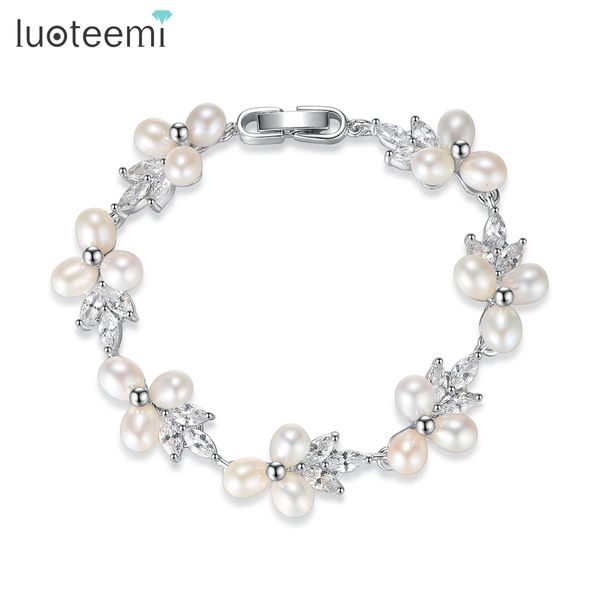 Luoteemi elegante cz pérola de água doce pulseira luxo zircônia cúbica feminino flor nupcial casamento noivado pulseiras jóias 240308