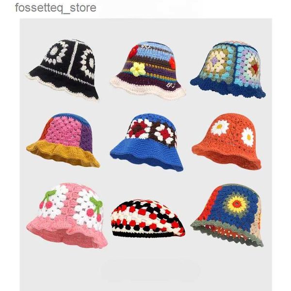 Cappelli a tesa larga Cappelli a secchiello Fiori Cappelli a secchiello fatti a mano all'uncinetto per ragazze Coreano Dolce ly Pescatore C y2k Designer Plaid Beanie Primavera autunno Panama L240305