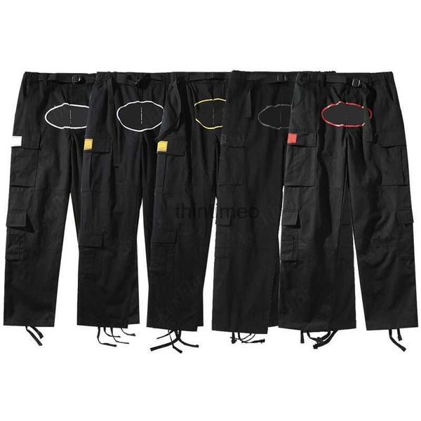 Calças masculinas calças de carga preto streetwear impresso calças militares retro multi-bolsos macacão reto botão voar casal perna reta calças de treino 240308