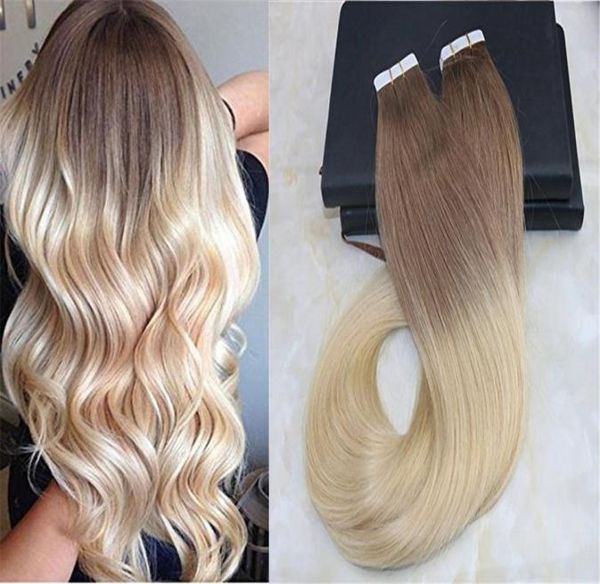 Colla nei capelli Ombre Extensions Nastro su capelli remy brasiliani Colore sbiadito da marrone chiaro 6 a biondo candeggina 613 Dip Dye Color Weft7561719