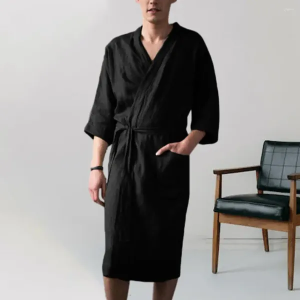 Homens sleepwear cinto ajustável camisola macia rendas até cardigan roupão com bolsos mangas de três quartos para super água