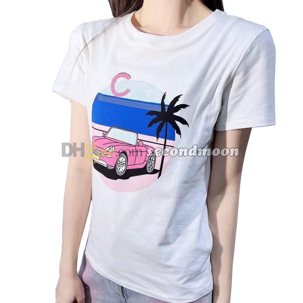 Camiseta feminina de lantejoulas brilhante, camiseta casual de verão de manga curta com estampa de carro camiseta branca