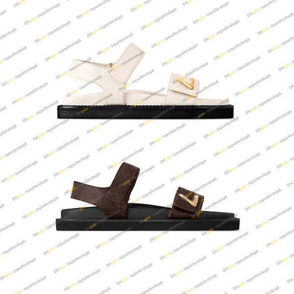 Luxus-Designer-Damen Sunset Flat Comfort Sandale Strandhausschuhe Sommer Flache Mule-Sandale Damen goldfarbene Schnallen Riemen Slide-Schuhe Größe 35-42 mit Box