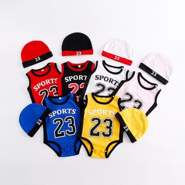 Baby, Kleinkind Jungen Kleidung Strampler Mädchen Basketball 23 Druck Kurzarm Overall mit Hut 100 Baumwolle Sommer Kletterkleidung7186495