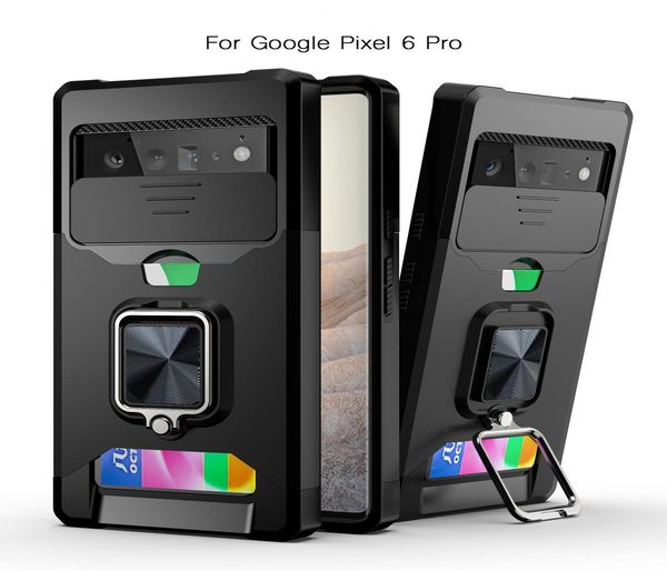 Capas armadura para Google Pixel 6 Pro 5A Capa dura de vidro temperado Shell Slim Hybrid Silicon Holder Cartão de proteção de anel magnético Cove1060517