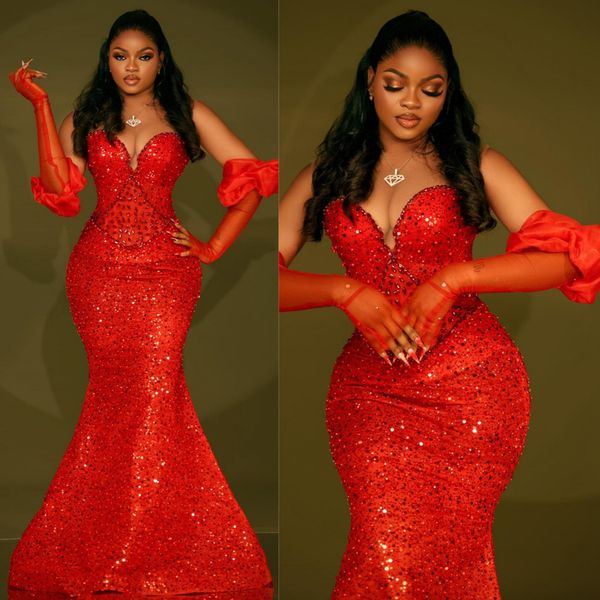 2024 Afrikanische ASO EBI Prom Kleider Mermaid Red Evening Kleider PEPAPE Space Pearls Sheer Neck Formales Kleid für Nigeria Schwarze Frauen Geburtstagsfeier Am489