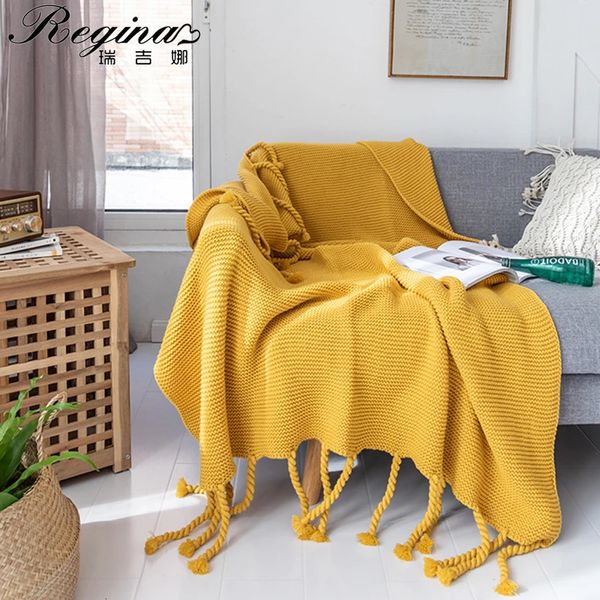 Роскошное одеяло ручной вязки REGINA, теплое мягкое зеленое, желтое, серое, розовое утяжеленное одеяло с бахромой для кровати, флисовые пледы в клетку 240304