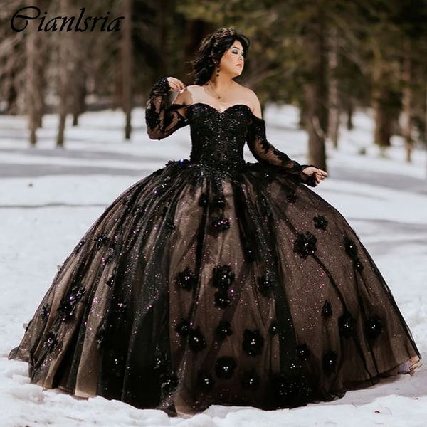Черное бальное платье с длинными рукавами и блестками, платья Quinceanera, с открытыми плечами, с 3D цветочной аппликацией, корсет, Vestidos De 15 Anos