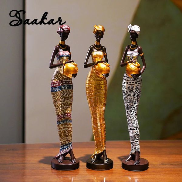 SAAKAR Resina Pintada Estátua Preta Decoração Estatuetas Retro Mulheres Africanas Segurando Vasos de Cerâmica Casa Quarto Desktop Coleção Itens 240301