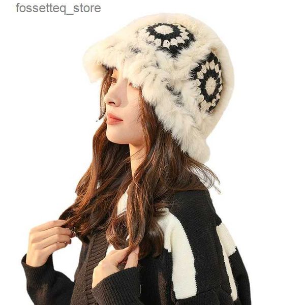 Chapéus de aba larga Chapéus de balde Mulheres Gorros de inverno Crochet Knit Real Rabbit Fur Panamá Chapéus Dobráveis ​​de luxo Chapéu de balde peludo para mulheres Chapéu de pescador feminino L240305