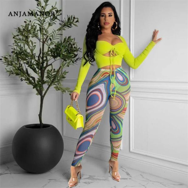 Capris anjamanor sexy 2 кусочки брюки брюки женский клуб наряды прозрачная сетчатая леггинсы осенние одежды оптовые предметы d89db33