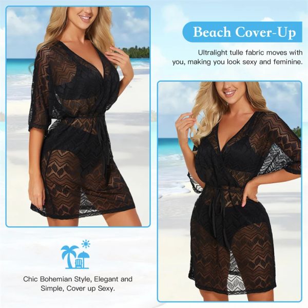 Cover-up sexy Frauen Spitze Hollow Taille Gurt Beach Bikini Sonnenschutzhemd Sommer Badeanzug Coverups Netzbadanzug Strandbekleidung Tunika Kleid