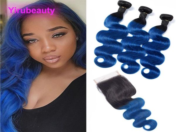 Cabelo humano peruano 1B azul onda corporal 3 pacotes com fechamento de renda 4X4 meio três partes 1b azul 1028 polegadas9215268