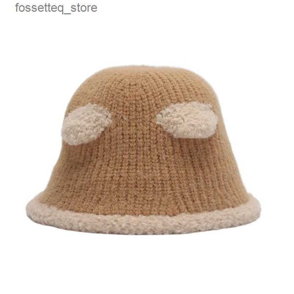 Cappelli a tesa larga Cappelli a secchiello Cappello a secchiello da donna Cappello a secchiello lavorato a maglia Orecchie da orso di peluche Cartone animato carino addensato Protezione per le orecchie calda Pescatore invernale C Donna Outdoor Casual L240305