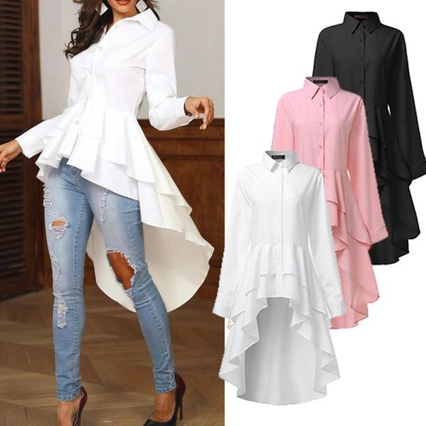 Camisas das mulheres plissado topos 2023 zanzea blusa assimétrica elegante casual andorinha camisas femininas lapela blusa túnica sólida