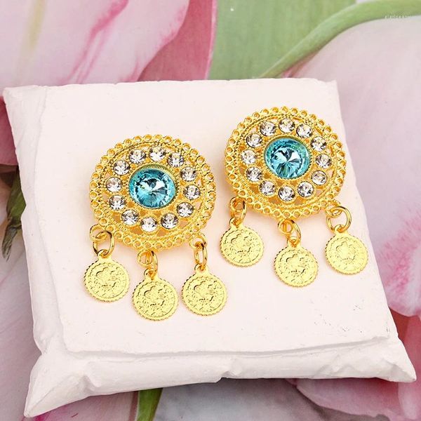 Spille Spilla per gioielli in cristallo blu Spilla per moneta turca placcata in oro per accessori da sposa curdi da sposa Regali carini Ragazza